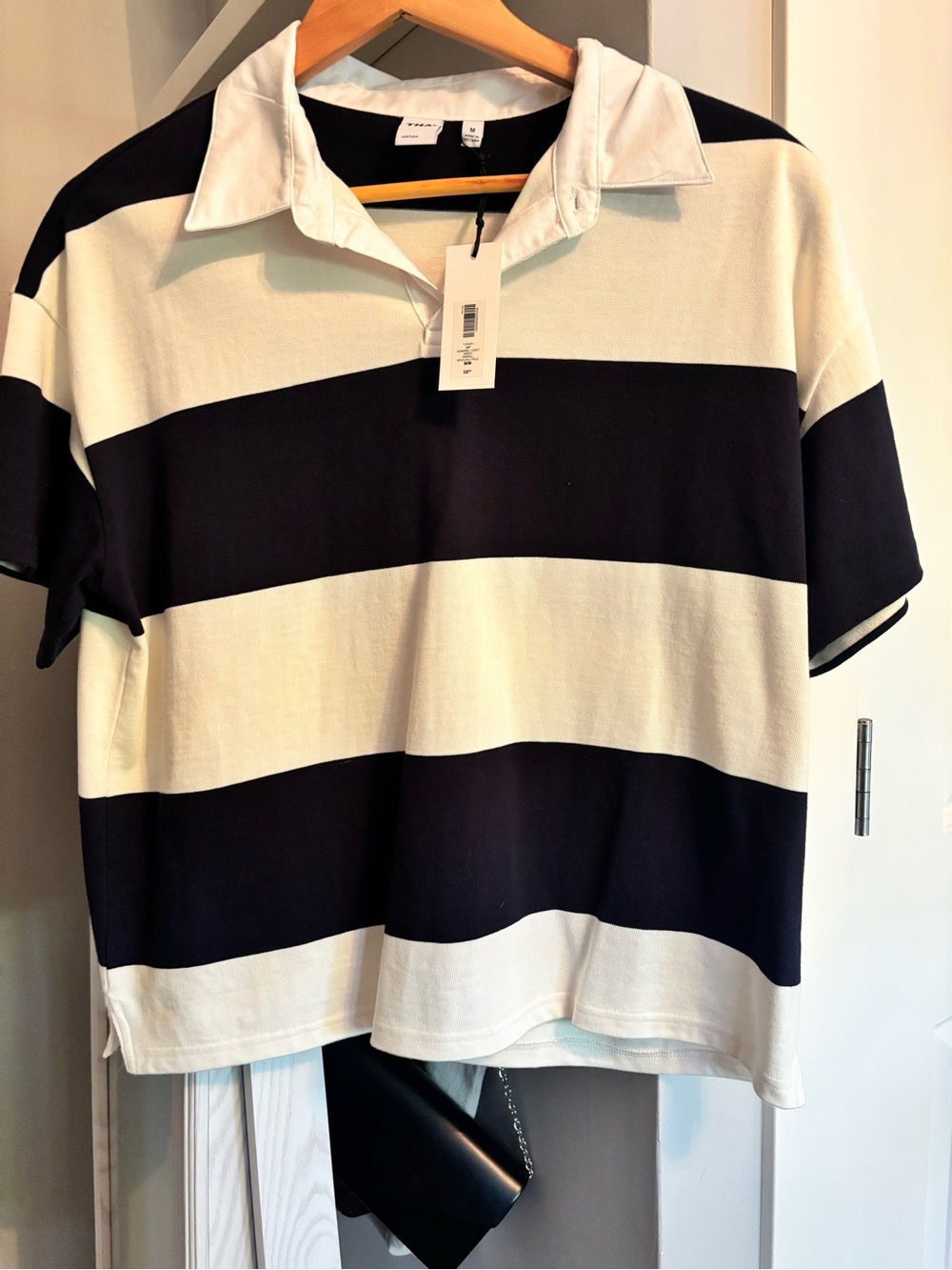 TNA Black & White Striped Polo Shirt